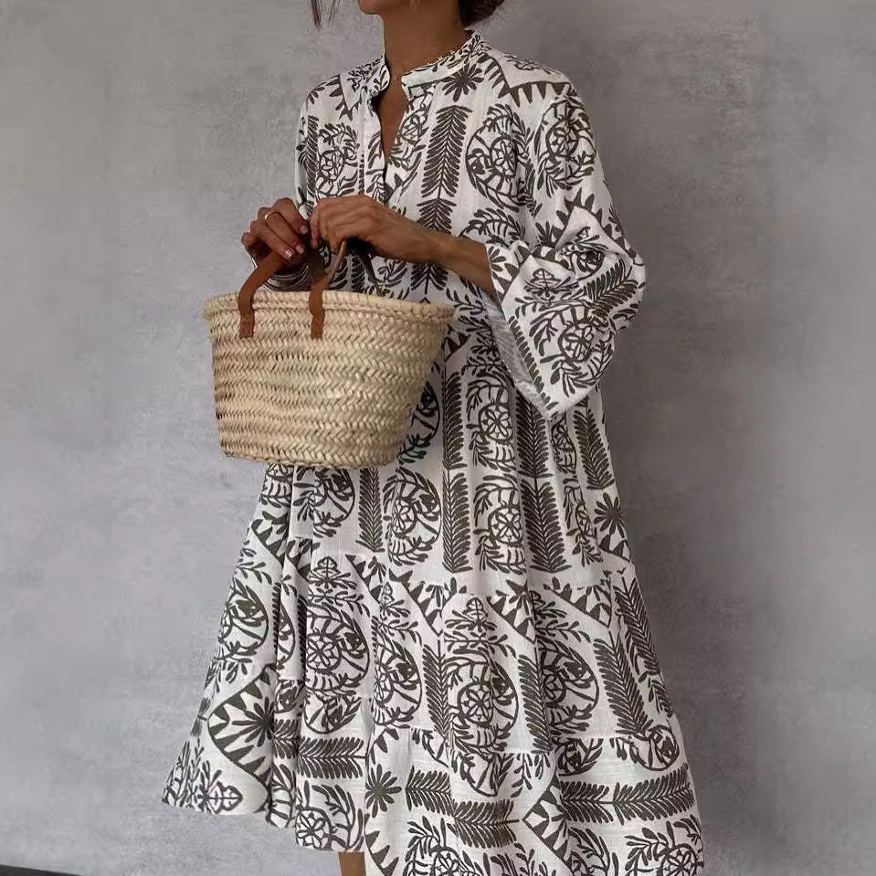 Autumn Casual Print Loose Dress – V-neck Flare Sleeve Ruffle for Women