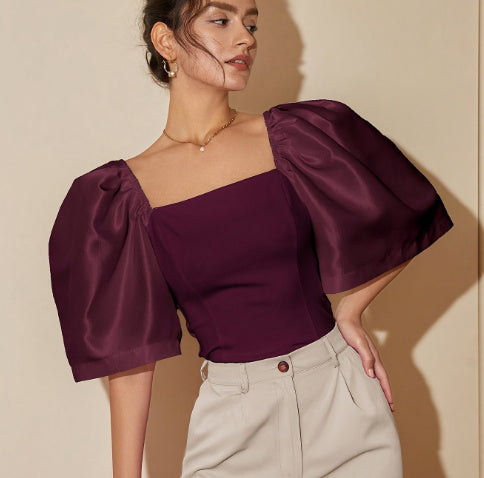 Women's Retro Lantern Sleeve Square Collar Elegant Top