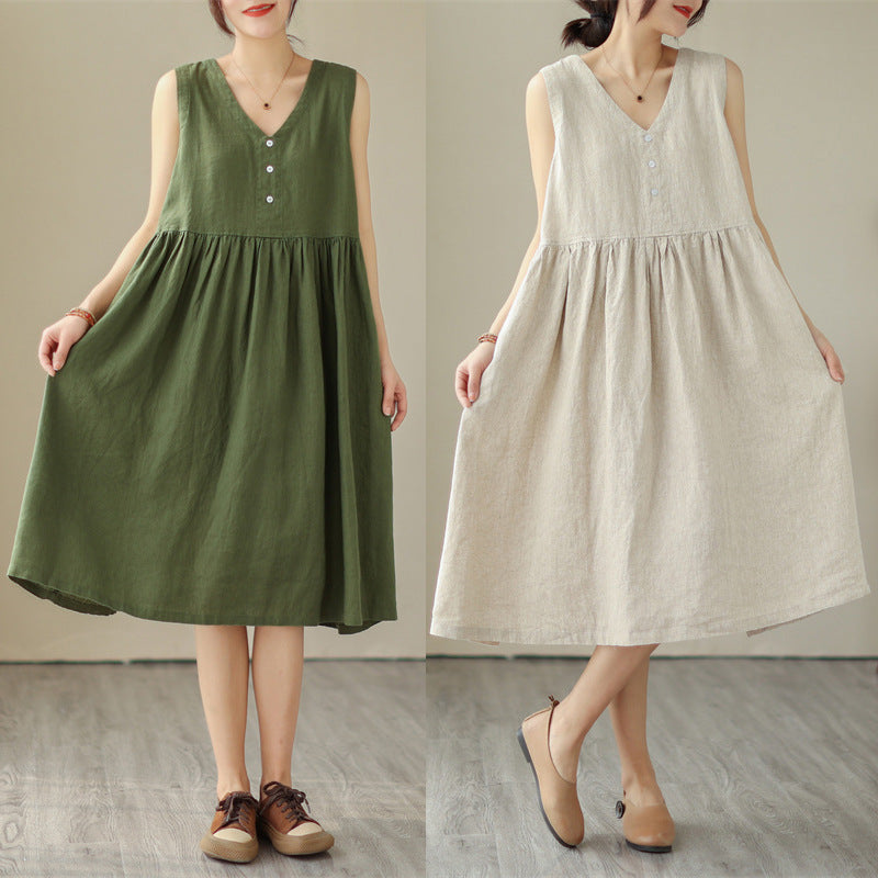 Women’s Cotton-Linen Sleeveless Dress – Loose Fit, V-Neck