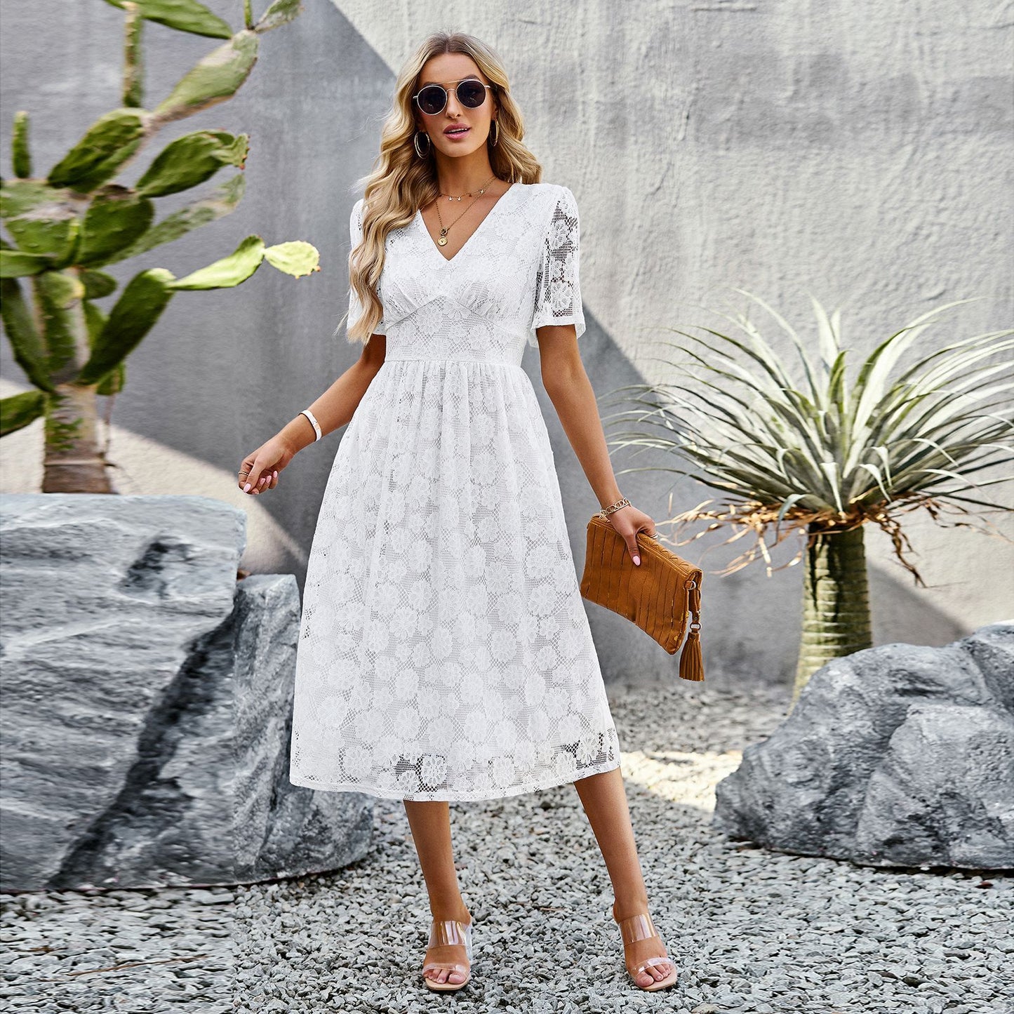 V-neck Lace Dress Summer Elegant Short Sleeve for Women