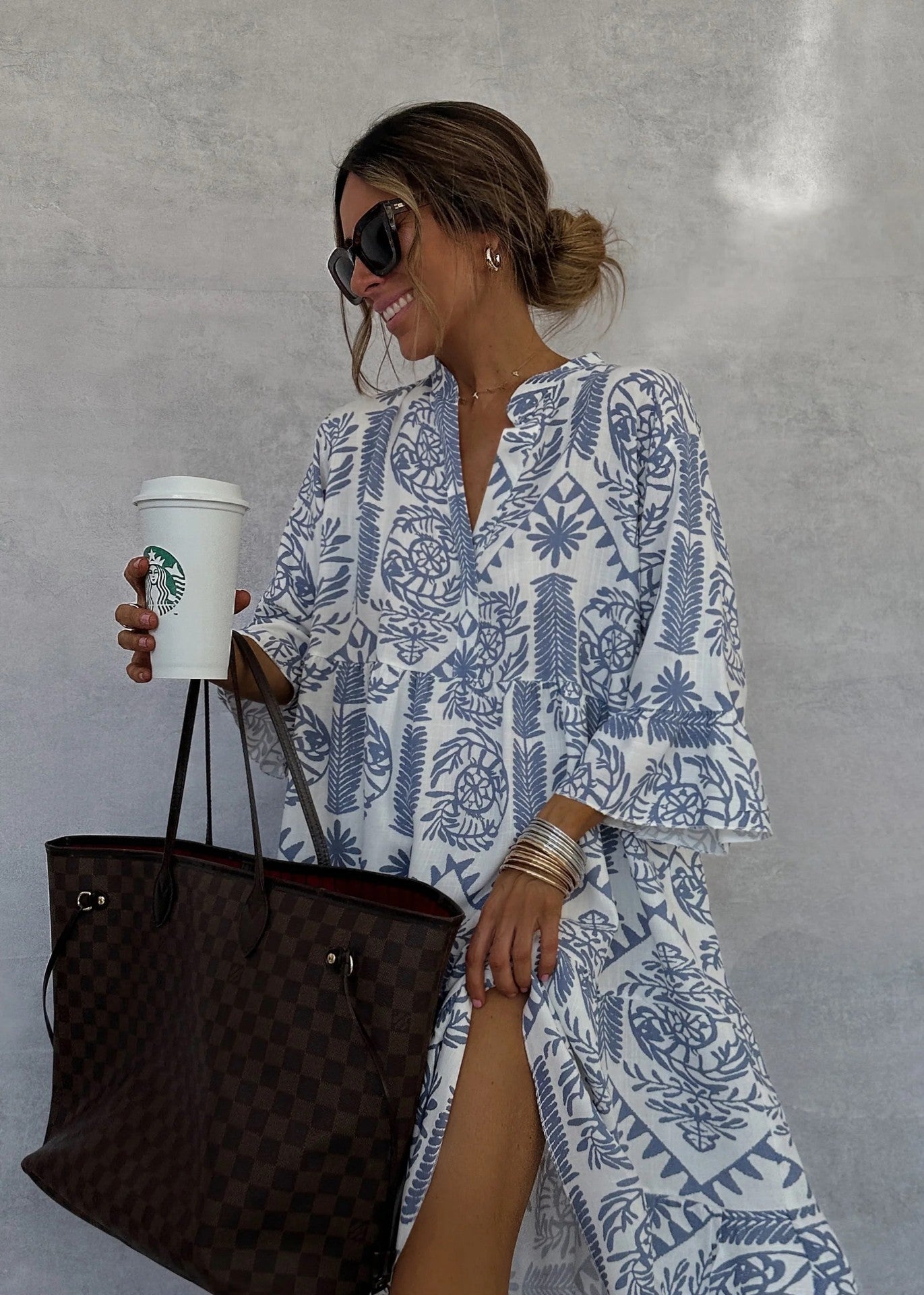Autumn Casual Print Loose Dress – V-neck Flare Sleeve Ruffle for Women
