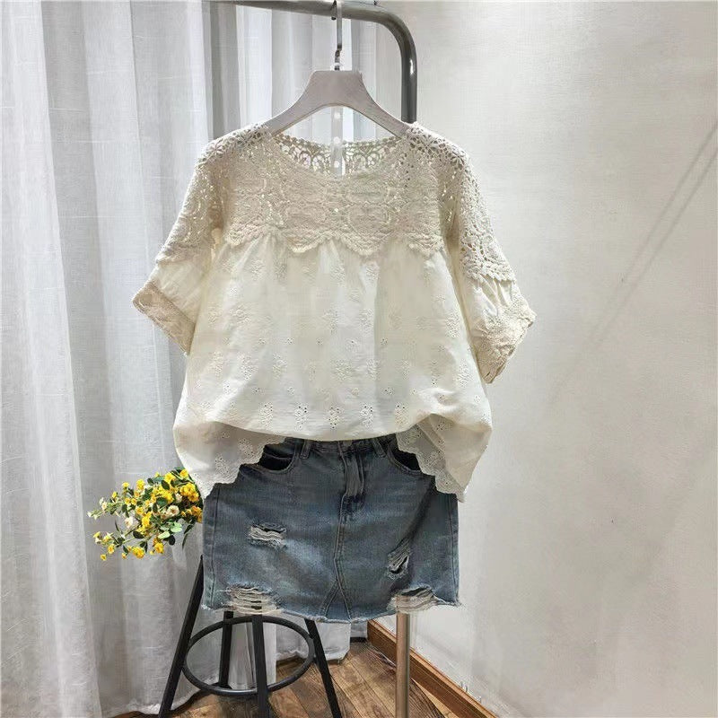 Women’s Embroidered Linen Cotton Top – Short Sleeve Hollow-out Blouse
