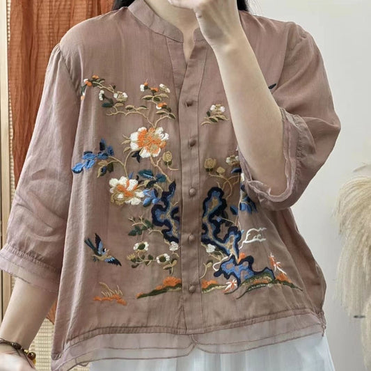 Women’s Cotton and Linen Blouse – Artistic Style, Short Sleeve