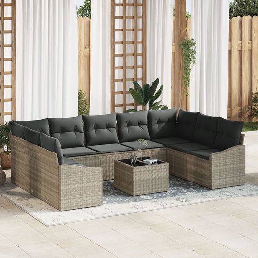 10 Piece Garden Sofa Set with Cushions Grey Poly Rattan