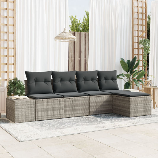5 Piece Garden Sofa Set with Cushions Light Grey Poly Rattan
