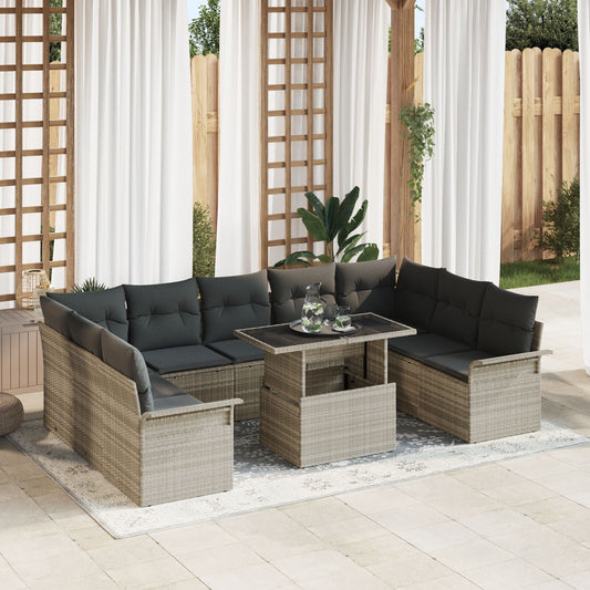 10 Piece Garden Sofa Set with Cushions Light Grey Poly Rattan