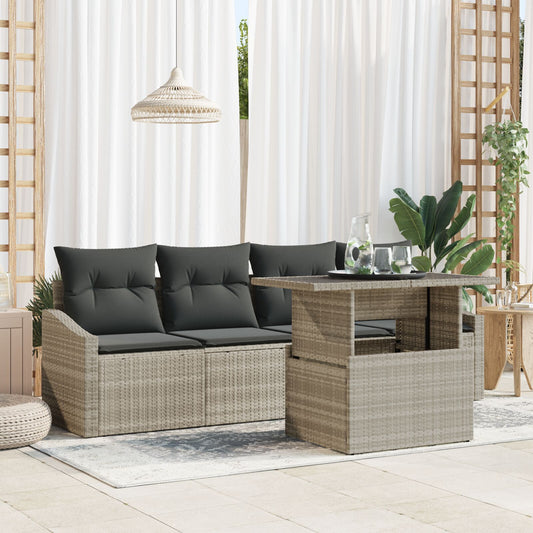 5 Piece Garden Sofa Set with Cushions Light Grey Poly Rattan