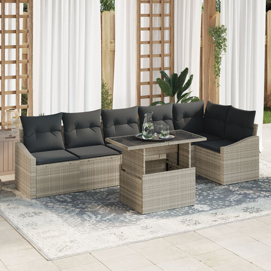 7 Piece Garden Sofa Set with Cushions Light Grey Poly Rattan
