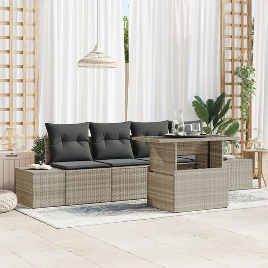 5 Piece Garden Sofa Set with Cushions Light Grey Poly Rattan