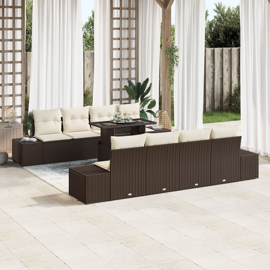 9 Piece Garden Sofa Set with Cushions Brown Poly Rattan