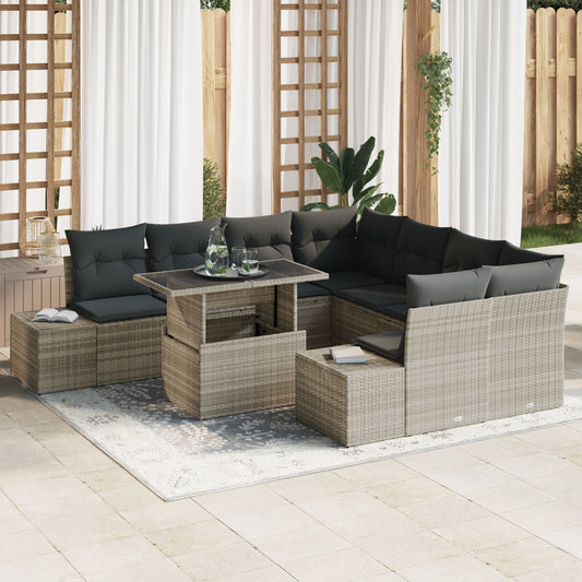 9 Piece Garden Sofa Set with Cushions Light Grey Poly Rattan