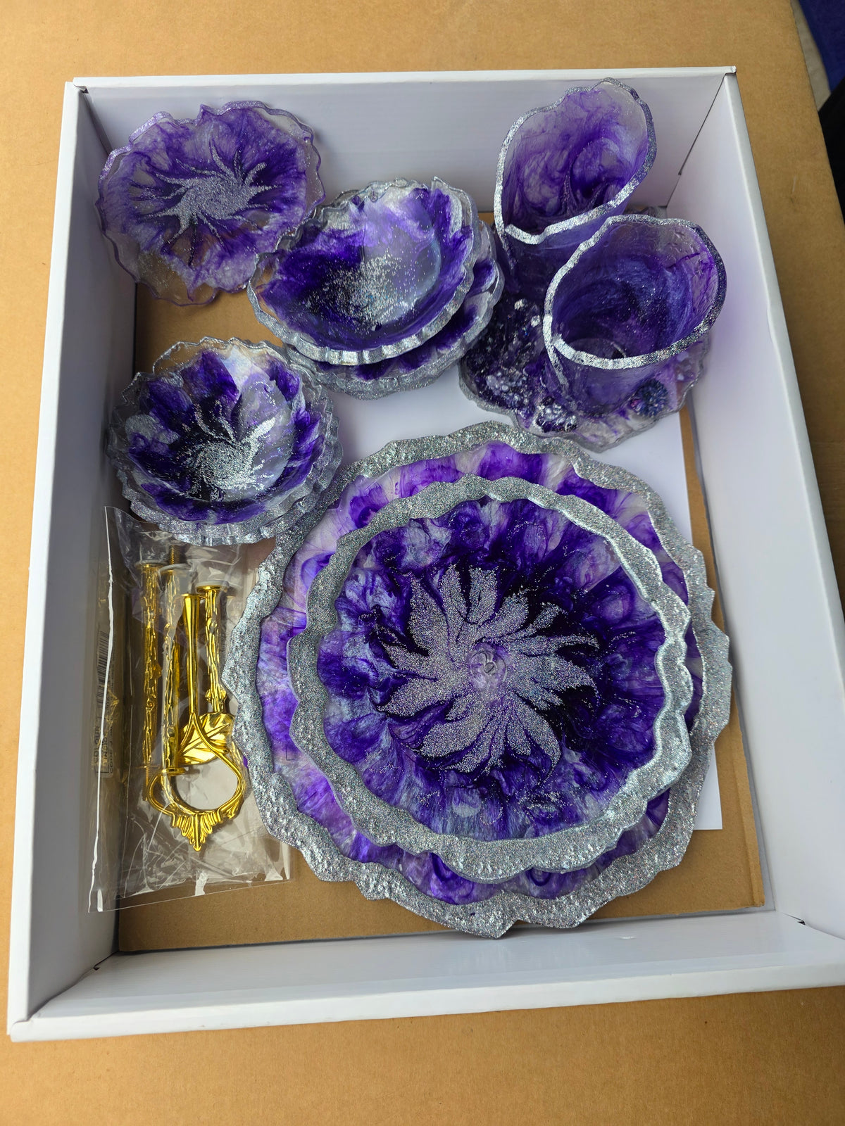 Tiered Tray & Cake Stand Luxury Gift Set – Purple & Silver | Bowls & Coasters in Handmade Resin