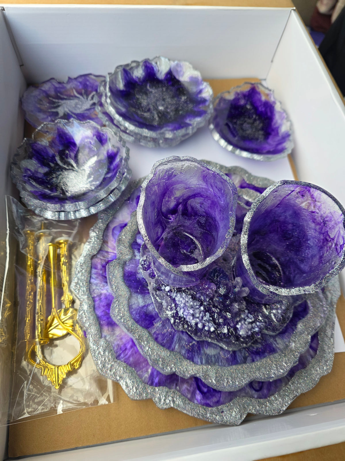 Tiered Tray & Cake Stand Luxury Gift Set – Purple & Silver | Bowls & Coasters in Handmade Resin