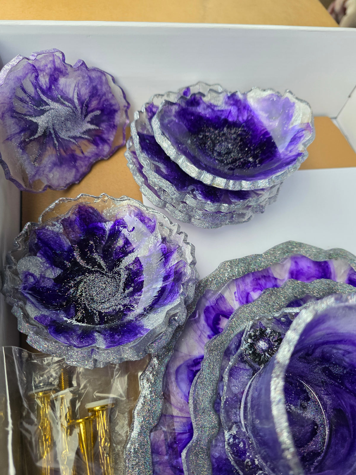 Tiered Tray & Cake Stand Luxury Gift Set – Purple & Silver | Bowls & Coasters in Handmade Resin