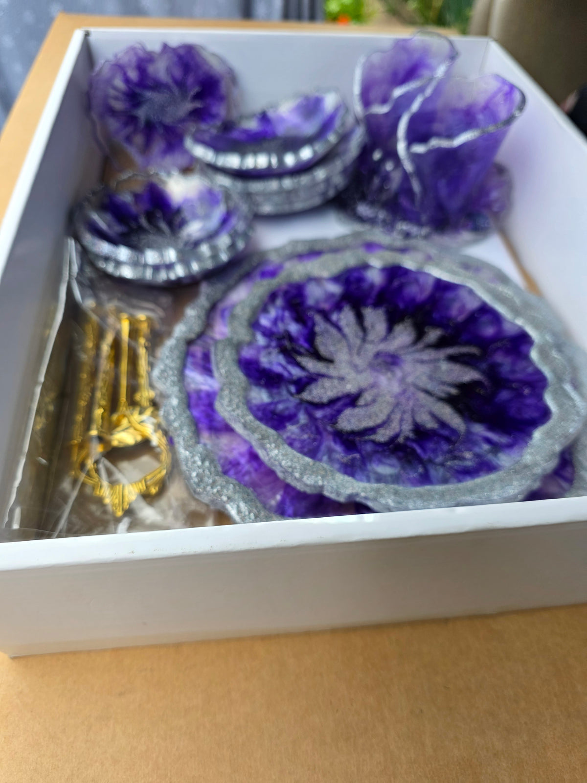 Tiered Tray & Cake Stand Luxury Gift Set – Purple & Silver | Bowls & Coasters in Handmade Resin